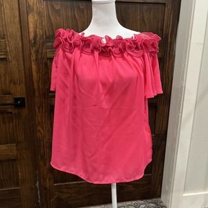 Vine And Love Women’s Top Small Hot Pink Leather Sleeve Ruffle off the shoulders